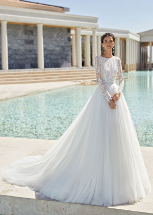 Bateau Neck Ivory Lace Dotted Tulle Beaded Wedding Dress